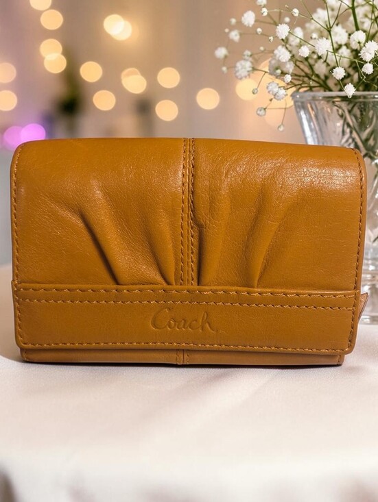 Coach Handbags - Coach Mustard Yellow Leather Trifold Wallet